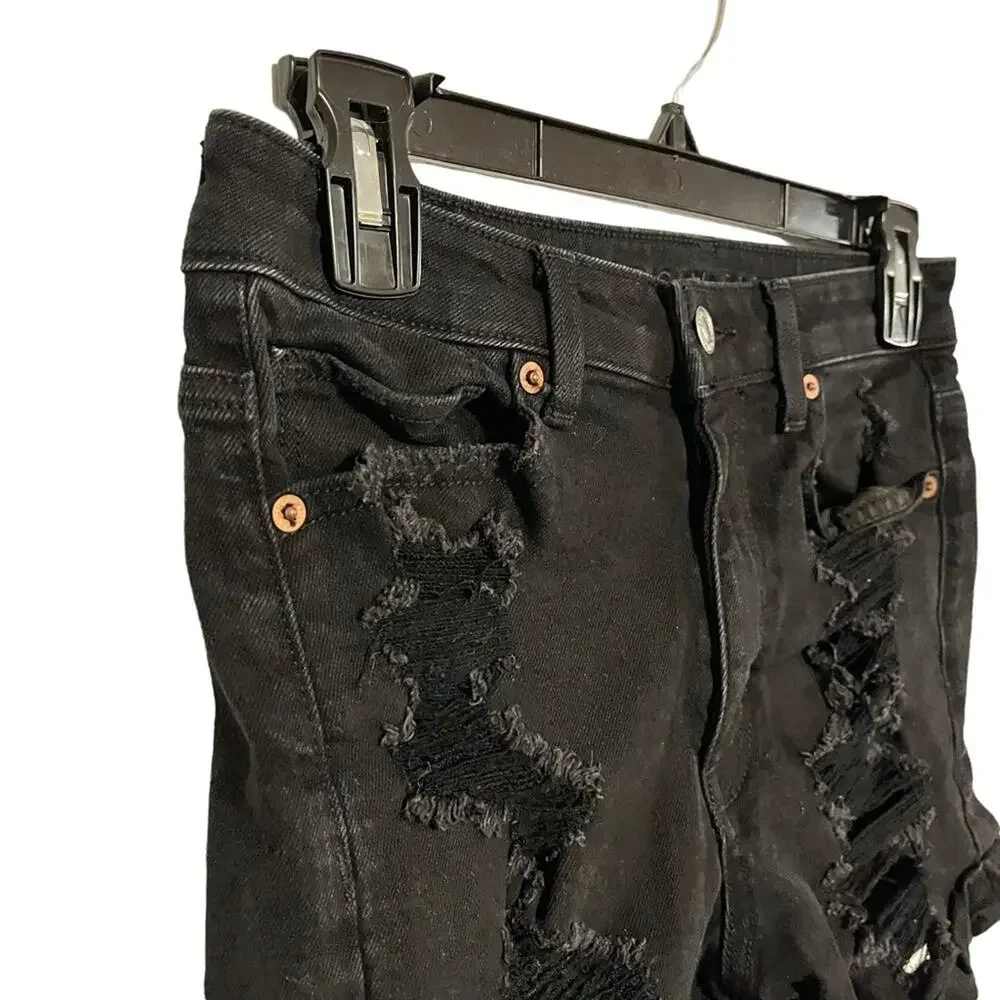 AMERICAN EAGLE MOM SHORTS Solid Black Zip Fly High Rise Roll Cuff Jeans Denim 4